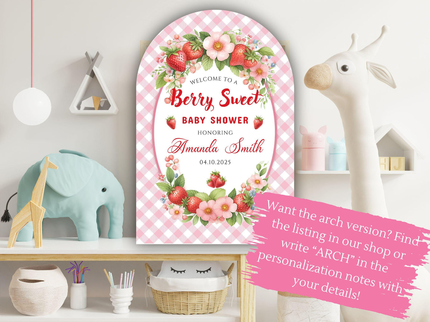 Printed Berry Sweet Baby Shower Foam Board Sign – Strawberry Theme Welcome, Personalized Baby Shower Decor, Girl Baby Shower Decoration