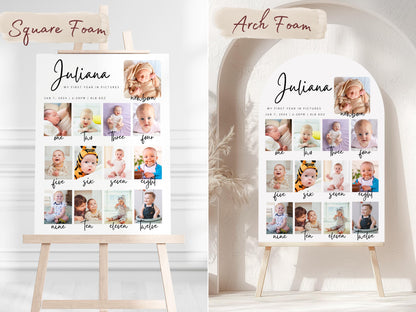 Printed First Year Photo Collage Foam Board Sign, Custom Baby Milestone Birthday Sign, Monthly Baby Photos Display, Personalized Party Decor
