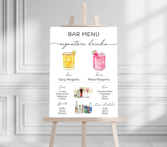Bar Menu Minimalist Foam Board, Printed Bar Menu, Modern Drink Menu, Custom Bar Sign, Signature Drinks Party Sign