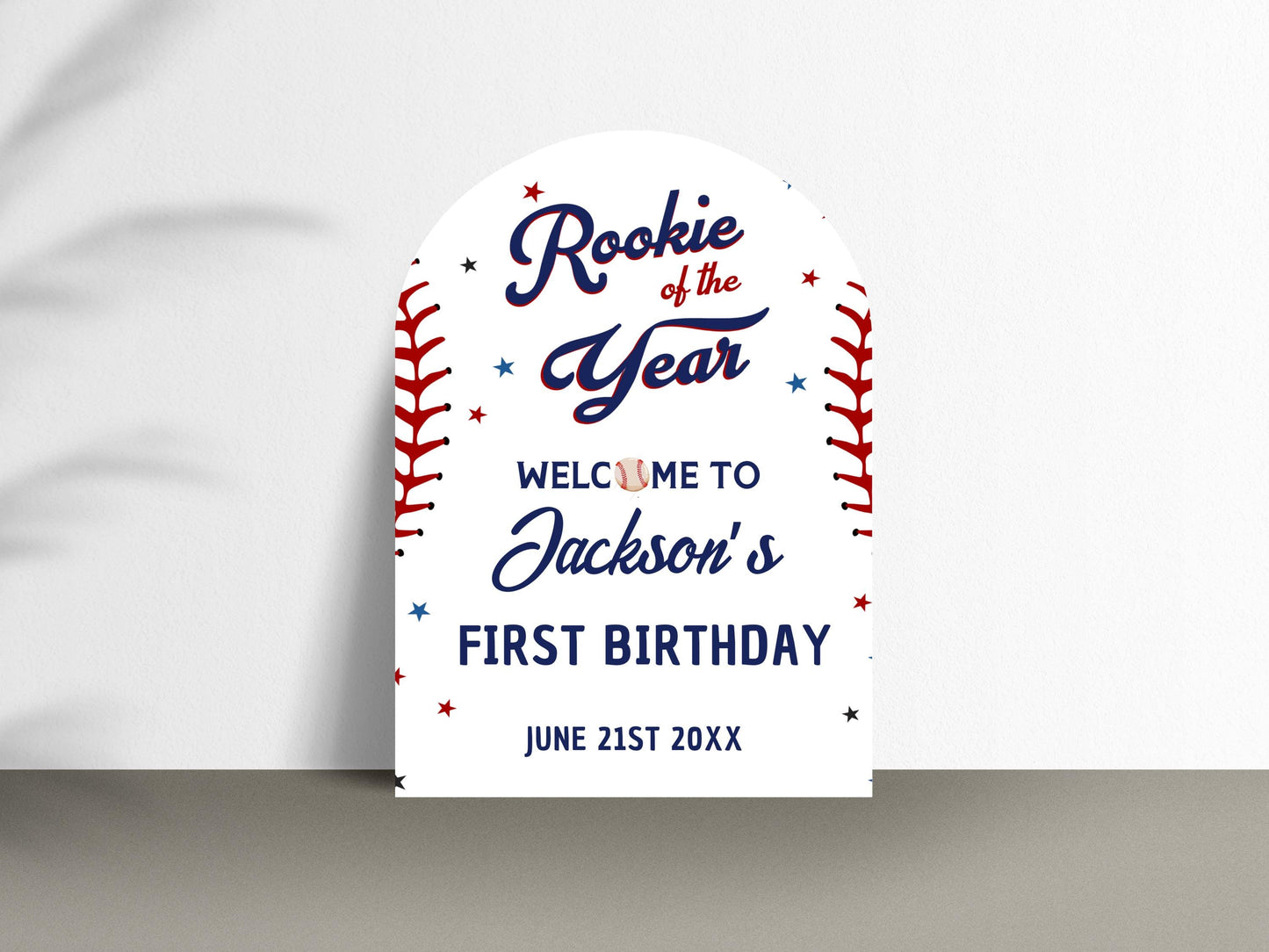 Printed Arch Baseball Rookie of the Year 1st Birthday Welcome Sign, Custom Foam Board Birthday Decor, Boy First Custom Birthday Sports Theme