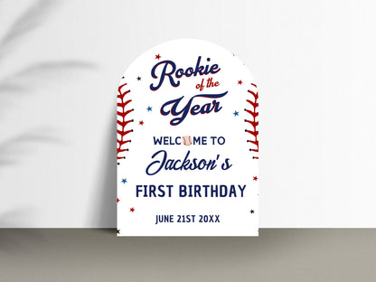 Printed Arch Baseball Rookie of the Year 1st Birthday Welcome Sign, Custom Foam Board Birthday Decor, Boy First Custom Birthday Sports Theme