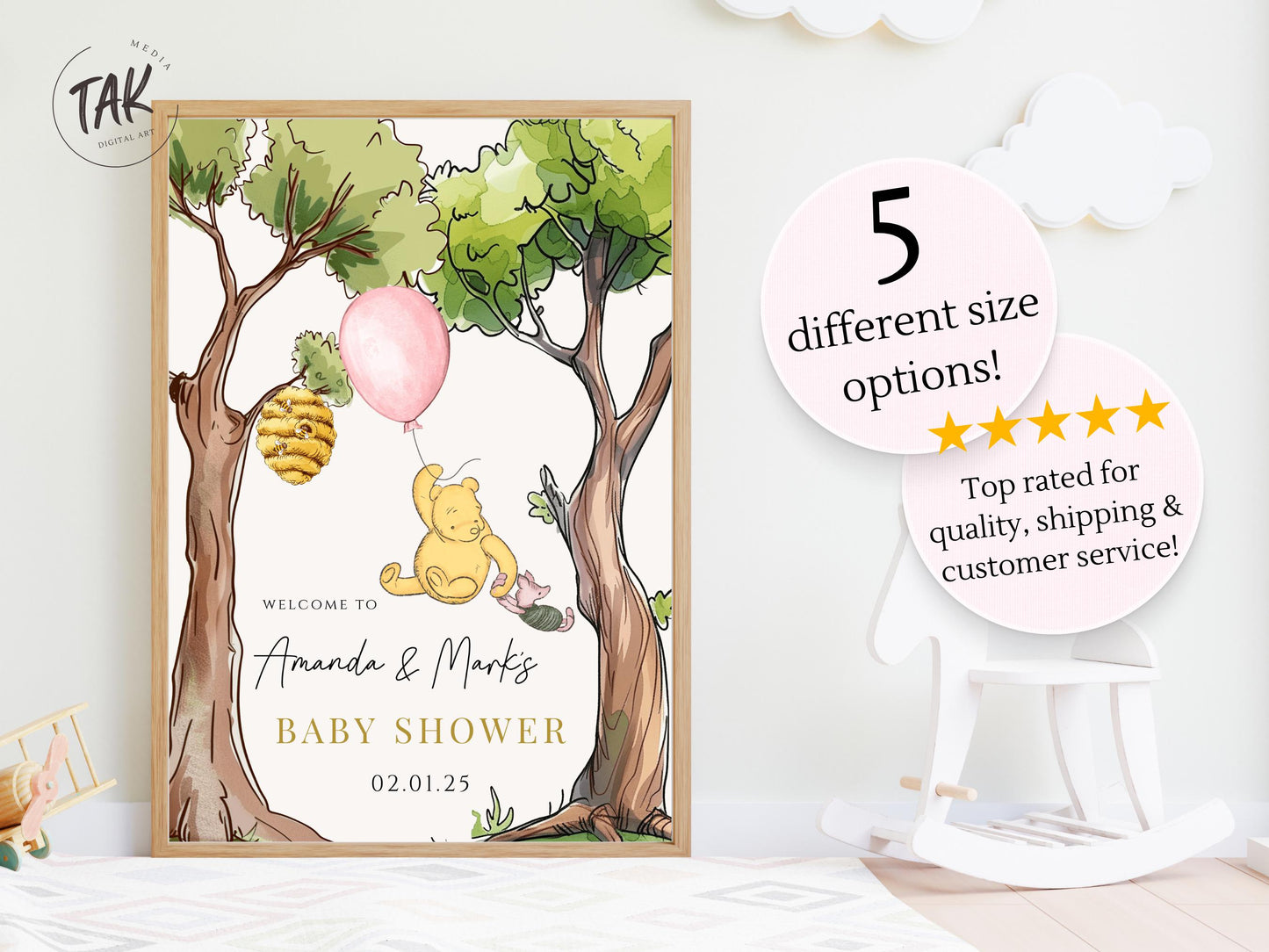Printed Winnie The Pooh Baby Shower Welcome Sign, Pooh Baby Shower Welcome, Custom Printed Baby Girl Winnie The Pooh Foam Board Welcome Sign