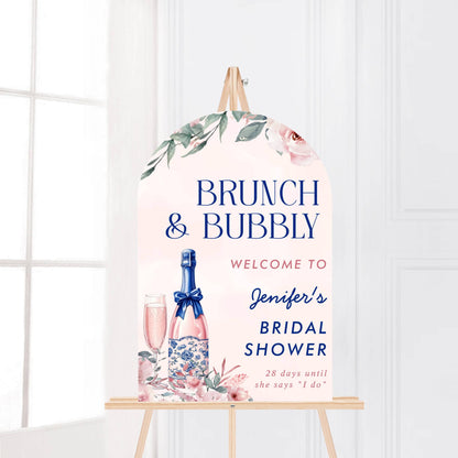 Printed Arch Brunch and Bubbly Bridal Shower Welcome Sign, Pink Champagne & Blue Bows, Custom Bridal Foam Board, Floral Wedding Party Decor