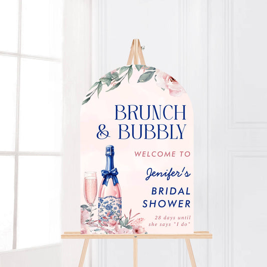 Printed Arch Brunch and Bubbly Bridal Shower Welcome Sign, Pink Champagne & Blue Bows, Custom Bridal Foam Board, Floral Wedding Party Decor