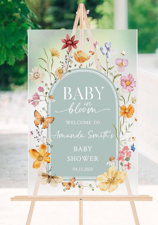 Baby in Bloom Acrylic Baby Shower Sign – Personalized Floral Welcome Sign for Baby Shower