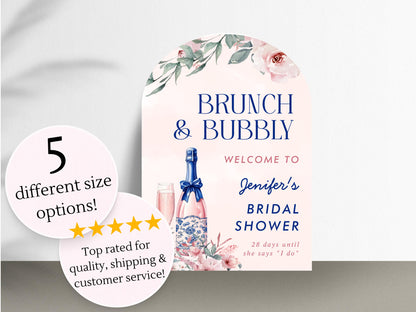 Printed Arch Brunch and Bubbly Bridal Shower Welcome Sign, Pink Champagne & Blue Bows, Custom Bridal Foam Board, Floral Wedding Party Decor