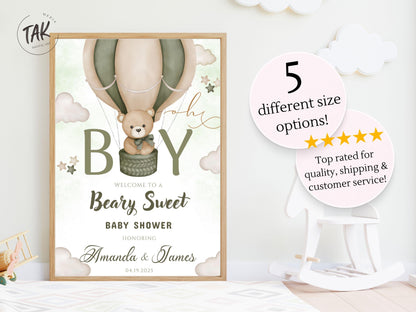 Printed Beary Sweet Baby Shower Welcome Sign for Boy, Teddy Bear Hot Air Balloon Sage Theme, Custom Foam Board, Personal Neutral Decor