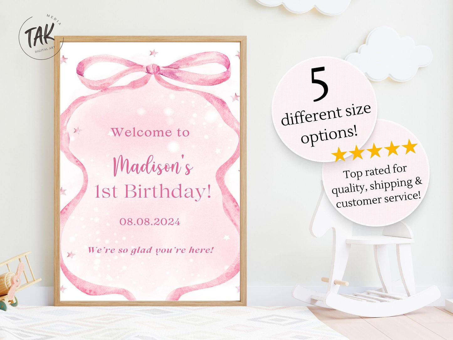 Printed Pink Ribbon 1st Birthday Foam Board Welcome Sign, Girl Party Foam Board, Floral Bow Theme, Personalized Name Poster Birthday Decor