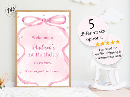 Printed Pink Ribbon 1st Birthday Foam Board Welcome Sign, Girl Party Foam Board, Floral Bow Theme, Personalized Name Poster Birthday Decor