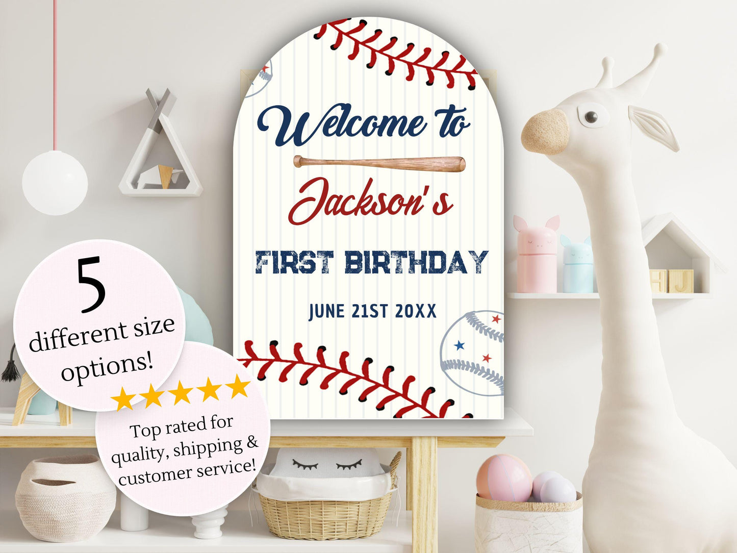 Printed Arch Baseball Rookie of the Year 1st Birthday Welcome Sign, Custom Foam Board Birthday Decor, Boy First Birthday Sports Custom Theme