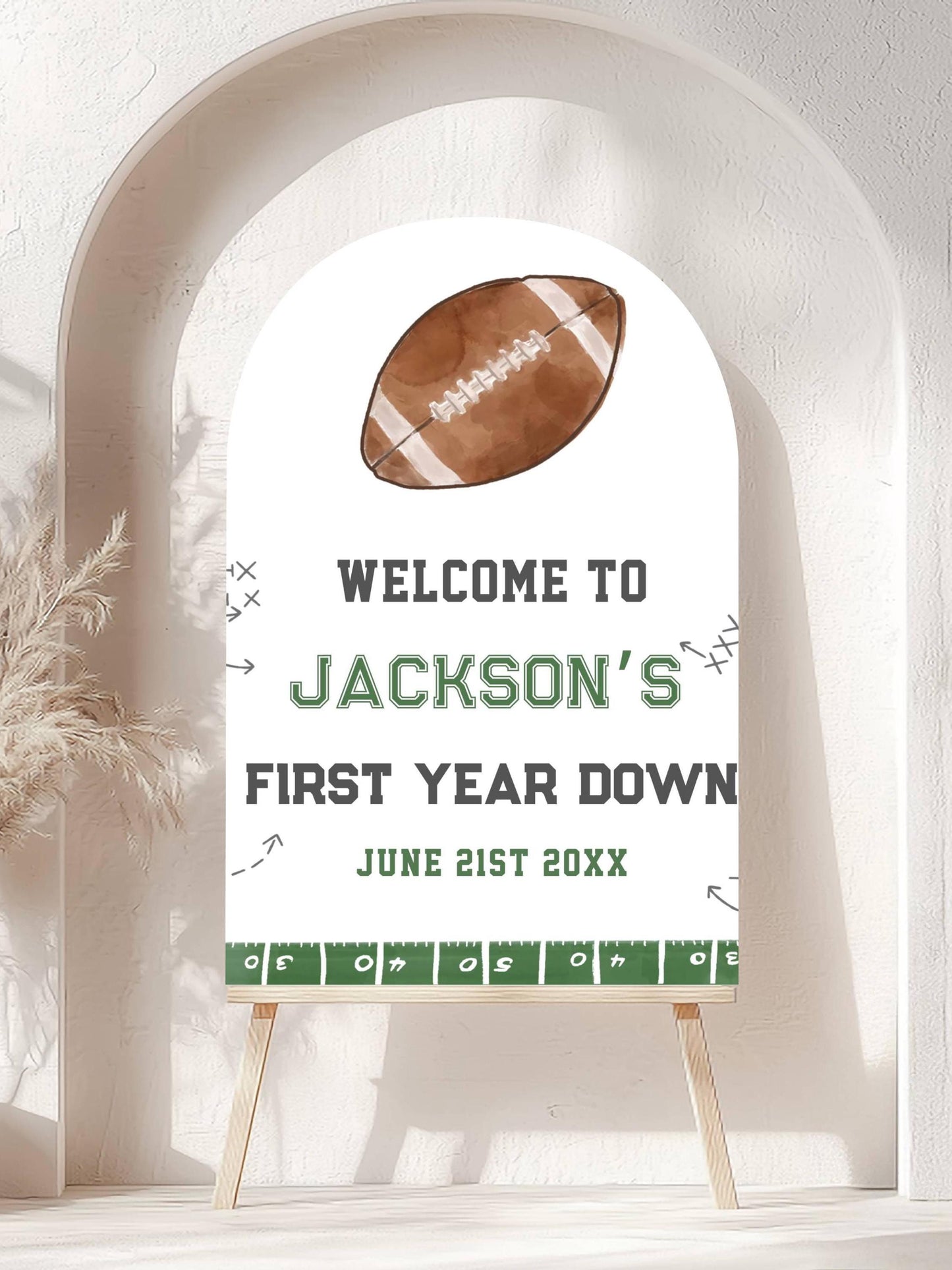 Printed Arch Football First Birthday Welcome Sign, Custom Name Kids Birthday Party Board, Sports Theme Party Foam Board, Boy Birthday Decor