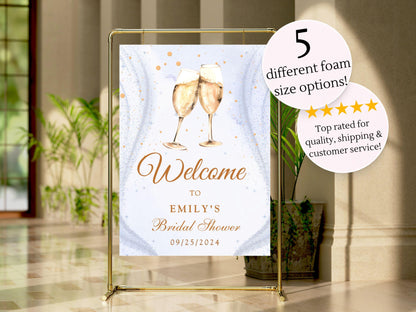 Printed Champagne Toast Bridal Shower Welcome Sign with Sparkle Background, Custom Name Foam Board, Personalized Elegant Gold Party Decor
