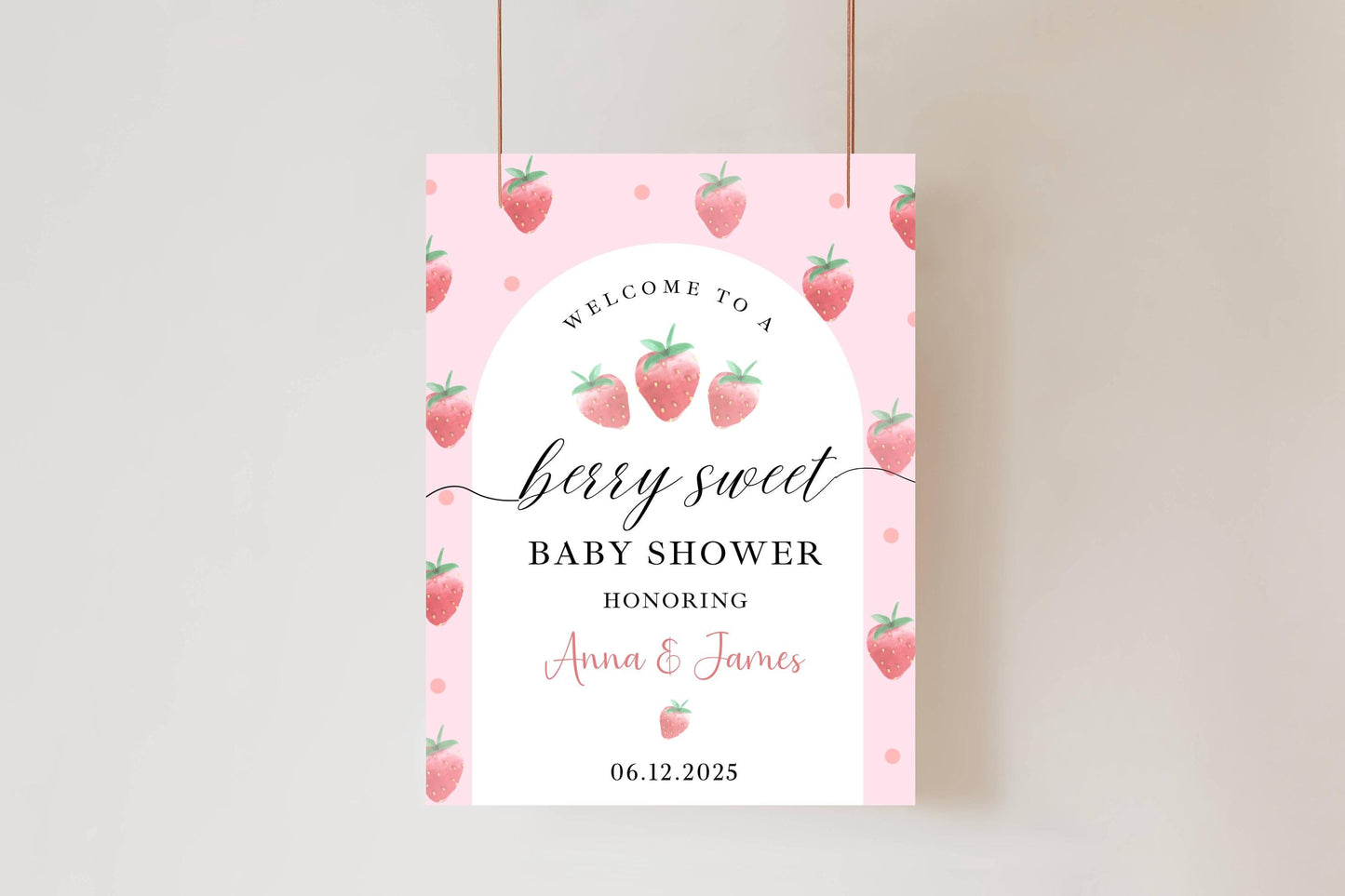 Printed Berry Sweet Baby Shower Welcome Sign with Strawberries, Custom Name Foam Board, Pink Summer Party Decor Sign, Berry Sweet Decor
