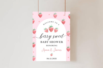 Printed Berry Sweet Baby Shower Welcome Sign with Strawberries, Custom Name Foam Board, Pink Summer Party Decor Sign, Berry Sweet Decor