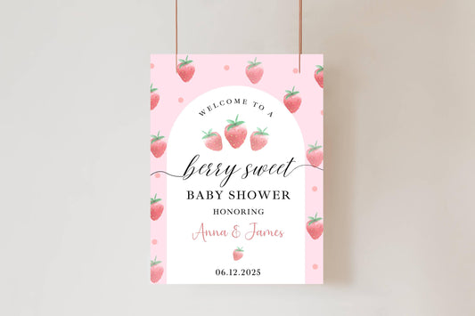 Printed Berry Sweet Baby Shower Welcome Sign with Strawberries, Custom Name Foam Board, Pink Summer Party Decor Sign, Berry Sweet Decor