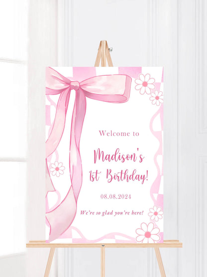 Printed Pink Ribbon 1st Birthday Foam Board Welcome Sign, Girl Party Foam Board, Floral Bow Theme, Personalized Name Poster Birthday Decor