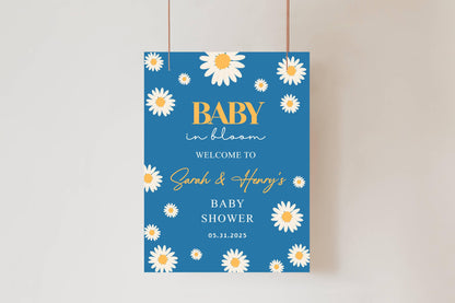 Printed Baby in Bloom Baby Shower Welcome Sign, Blue Floral Shower Welcome, Custom Printed Boy Custom Daisy Foam Board Party Welcome
