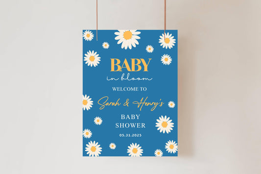 Printed Baby in Bloom Baby Shower Welcome Sign, Blue Floral Shower Welcome, Custom Printed Boy Custom Daisy Foam Board Party Welcome