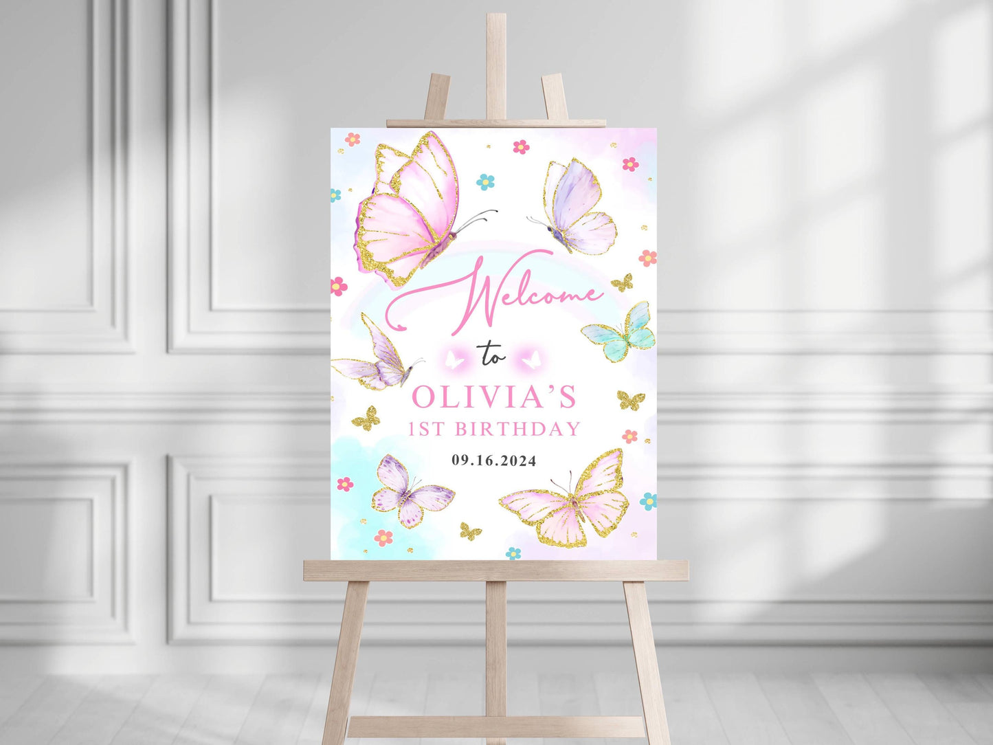 Printed Butterfly 1st Birthday Welcome Sign Foam Board Party Decor, Pink Purple Gold Glitter, Girl First Birthday Poster, Custom Welcome Art
