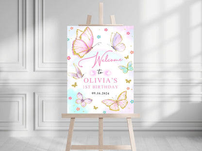 Printed Butterfly 1st Birthday Welcome Sign Foam Board Party Decor, Pink Purple Gold Glitter, Girl First Birthday Poster, Custom Welcome Art