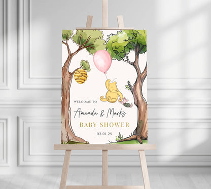 Printed Winnie The Pooh Baby Shower Welcome Sign, Pooh Baby Shower Welcome, Custom Printed Baby Girl Winnie The Pooh Foam Board Welcome Sign