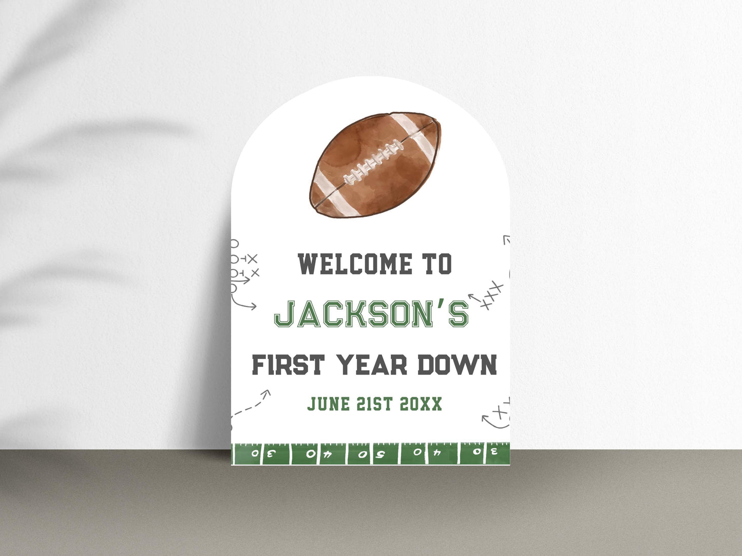 Printed Arch Football First Birthday Welcome Sign, Custom Name Kids Birthday Party Board, Sports Theme Party Foam Board, Boy Birthday Decor