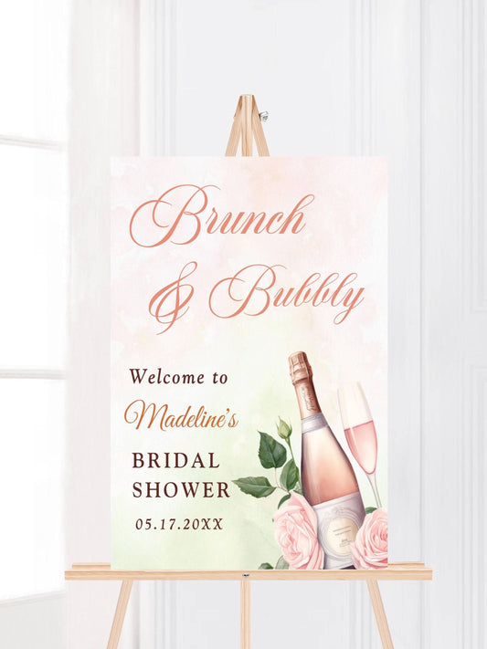 Printed Brunch and Bubbly Bridal Shower Welcome Sign with Rose Champagne, Custom Foam Board, Elegant Pink Green Bridal Brunch Decor Poster