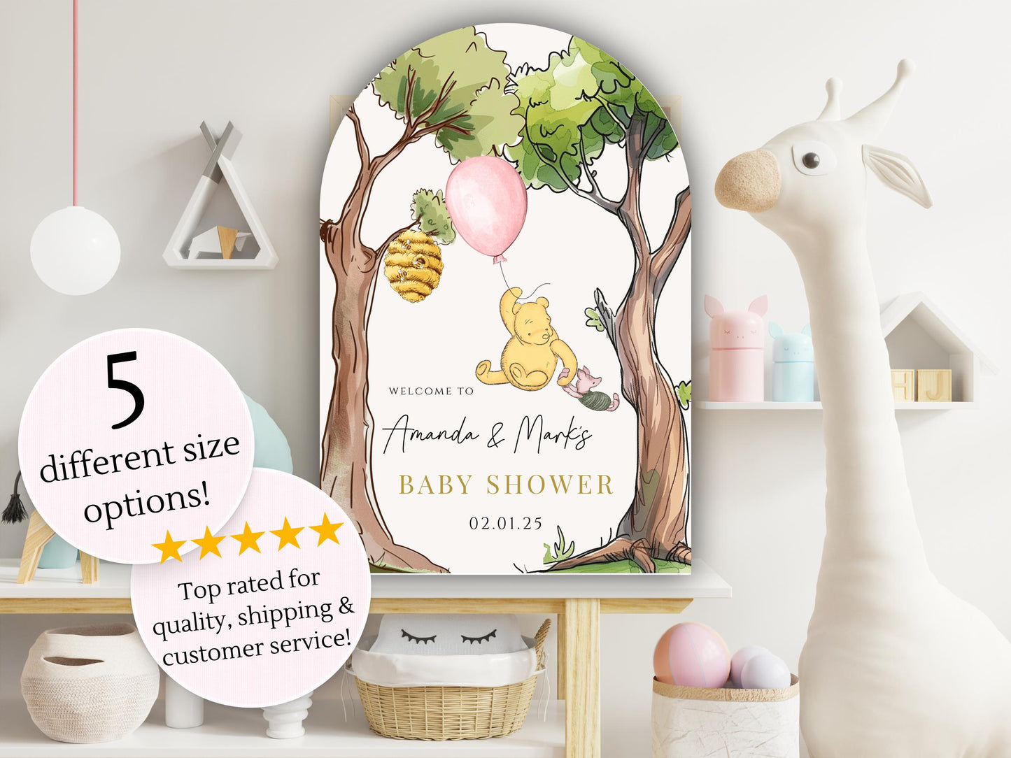Printed Arch Winnie The Pooh Baby Shower Welcome Sign, Pooh Baby Shower Welcome, Printed Baby Girl Winnie The Pooh Foam Board Welcome Sign