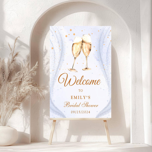 Printed Champagne Toast Bridal Shower Welcome Sign with Sparkle Background, Custom Name Foam Board, Personalized Elegant Gold Party Decor