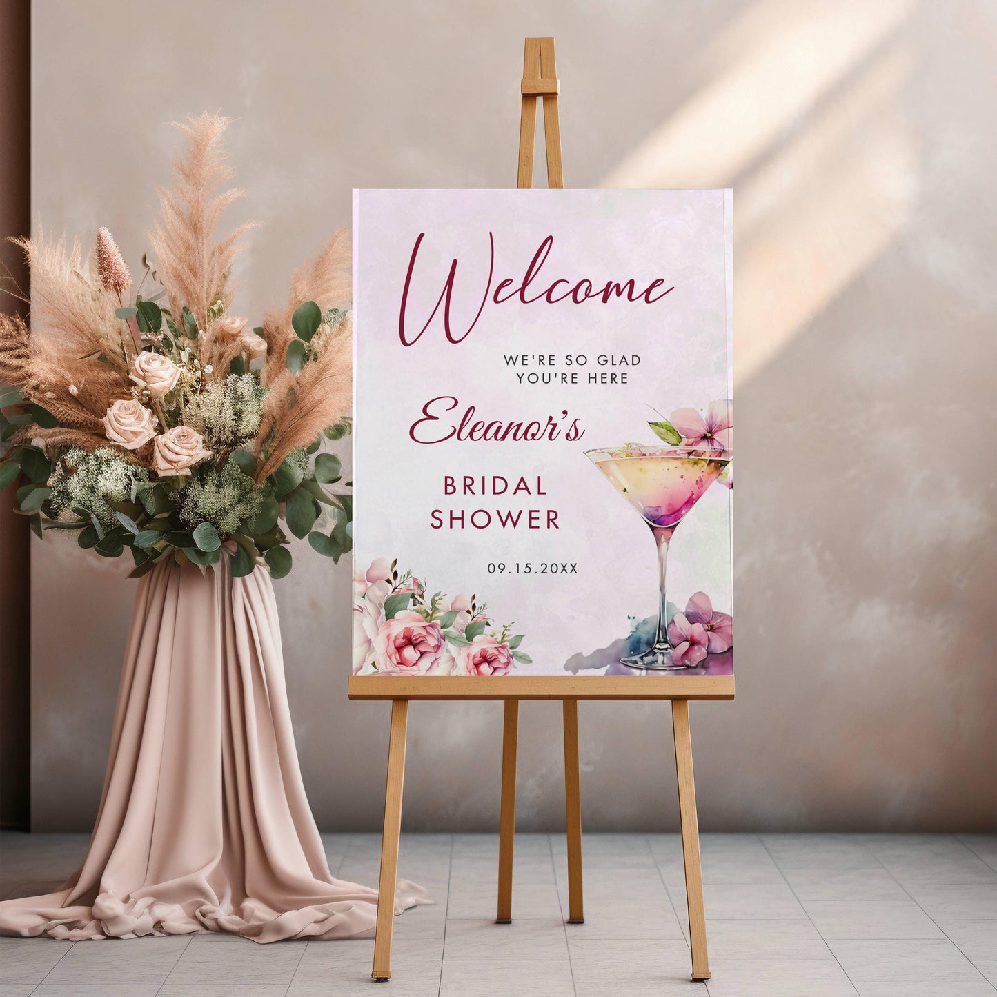 Printed Bridal Shower Welcome Sign Cocktail and Florals, Custom Bridal Foam Board, Blush Pink Brunch Party Decor Poster, Bridal Brunch Sign