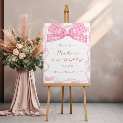 Printed Pink Ribbon 1st Birthday Foam Board Welcome Sign, Girl Party Foam Board, Floral Bow Theme, Personalized Name Poster Birthday Decor