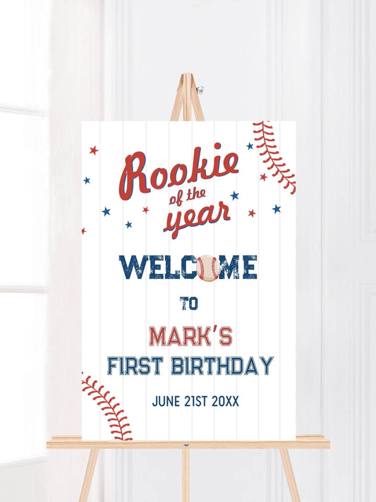Printed Baseball Rookie of the Year 1st Birthday Welcome Sign, Custom Foam Board Birthday Decor, Boy First Birthday Sports Theme Custom Sign