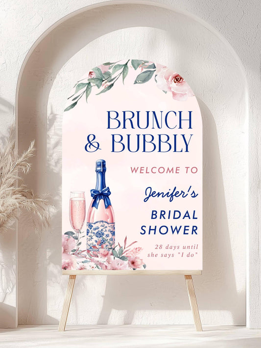 Printed Arch Brunch and Bubbly Bridal Shower Welcome Sign, Pink Champagne & Blue Bows, Custom Bridal Foam Board, Floral Wedding Party Decor