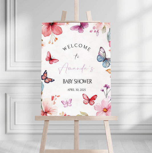 Butterfly Floral Baby Shower Welcome Sign, Floral Shower Welcome, Custom Printed Gender Neutral Custom Foam Board