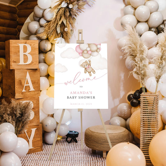 Baby Shower We Can Bearly Wait Baby Girl Foam Welcome Sign, Baby Balloon Bear, Printed Foam Board