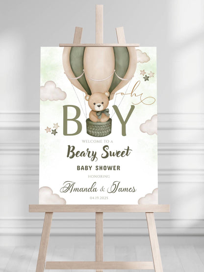 Printed Beary Sweet Baby Shower Welcome Sign for Boy, Teddy Bear Hot Air Balloon Sage Theme, Custom Foam Board, Personal Neutral Decor