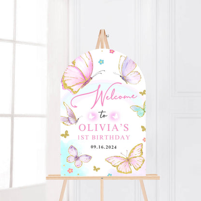 Printed Arch Butterfly 1st Birthday Welcome Sign Foam Board Party Decor, Pink Purple Gold Glitter, Girl First Birthday Poster, Custom Board