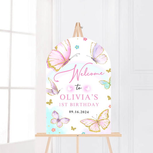 Printed Arch Butterfly 1st Birthday Welcome Sign Foam Board Party Decor, Pink Purple Gold Glitter, Girl First Birthday Poster, Custom Board