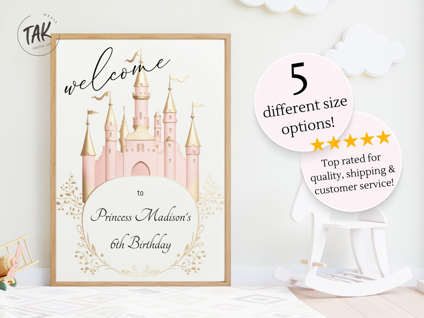 Printed Princess Birthday Welcome Sign, Girls Princess Birthday Party Foam Welcome Sign, Printed Foam Board Welcome Sign, Princess Party