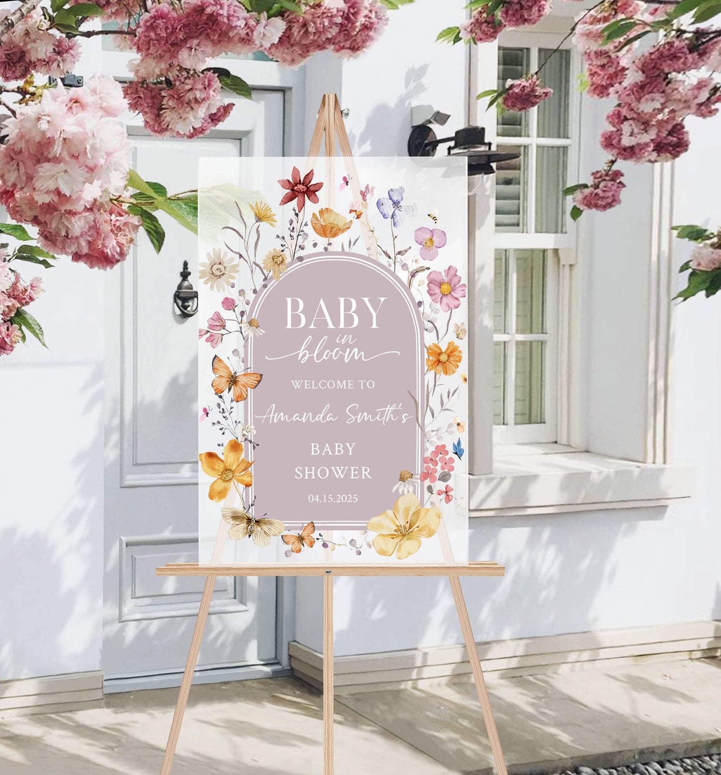 Baby in Bloom Acrylic Baby Shower Sign – Personalized Floral Welcome Sign for Spring Baby Shower, Custom Event Decor