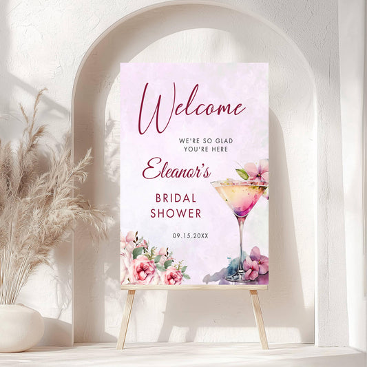 Printed Bridal Shower Welcome Sign Cocktail and Florals, Custom Bridal Foam Board, Blush Pink Brunch Party Decor Poster, Bridal Brunch Sign