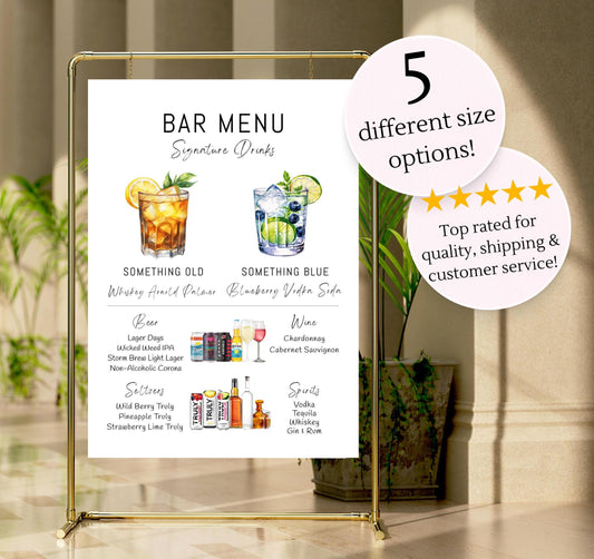 Bar Menu Minimalist Foam Board, Printed Bar Menu, Modern Drink Menu, Custom Bar Sign, Signature Drinks Party Sign