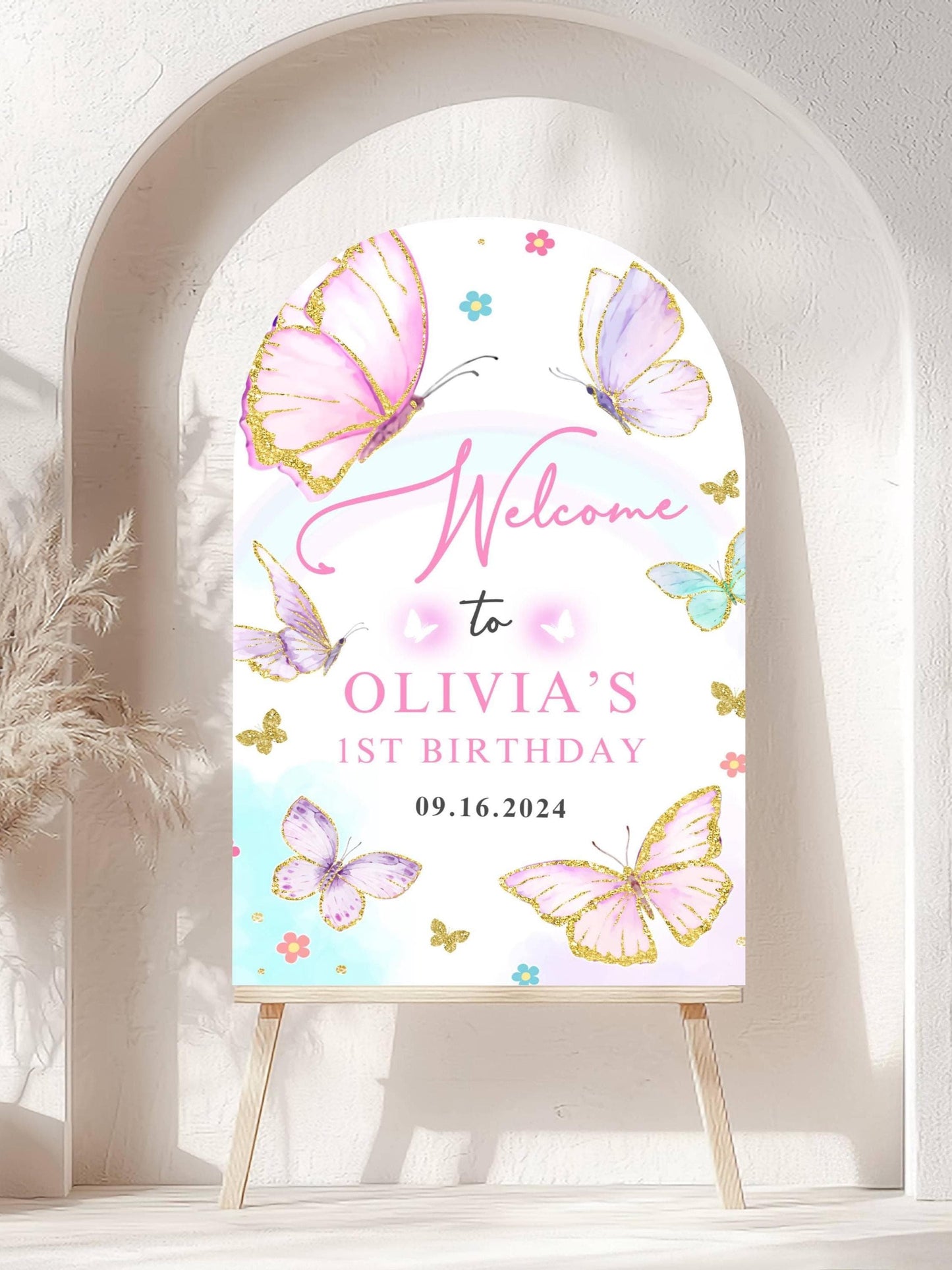 Printed Arch Butterfly 1st Birthday Welcome Sign Foam Board Party Decor, Pink Purple Gold Glitter, Girl First Birthday Poster, Custom Board