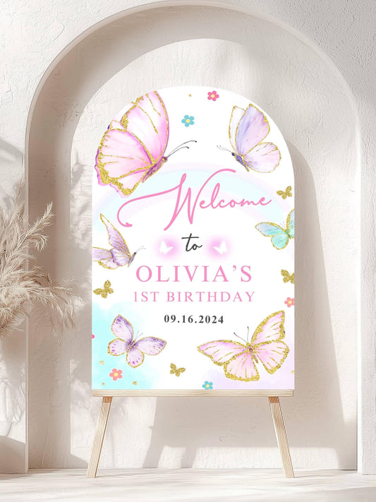 Printed Arch Butterfly 1st Birthday Welcome Sign Foam Board Party Decor, Pink Purple Gold Glitter, Girl First Birthday Poster, Custom Board