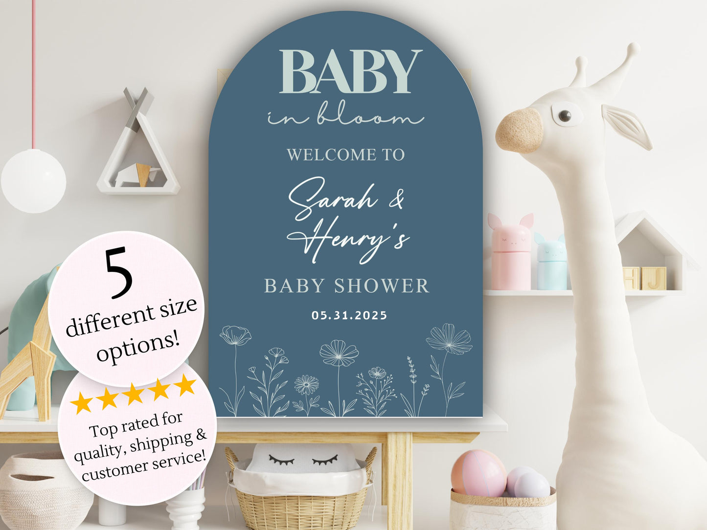 Printed Arch Baby in Bloom Baby Shower Welcome Sign with Wildflowers, Custom Name Foam Board, Modern Blue Baby Boy Decor, Personalized Sign
