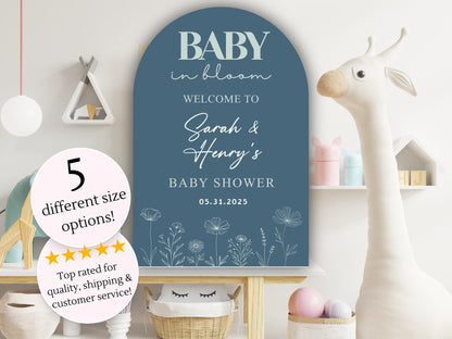 Printed Arch Baby in Bloom Baby Shower Welcome Sign with Wildflowers, Custom Name Foam Board, Modern Blue Baby Boy Decor, Personalized Sign