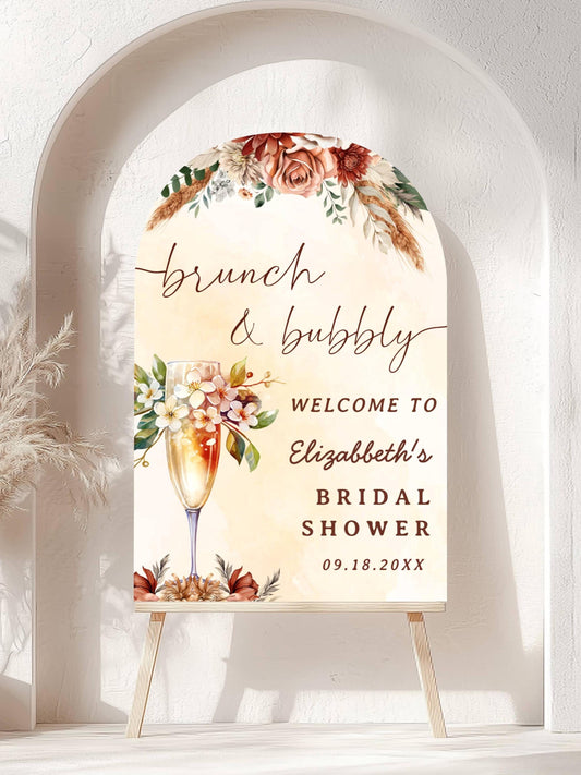 Printed Arch Brunch and Bubbly Bridal Shower Welcome Sign Fall Florals, Custom Name Champagne Poster, Personalized Foam Board Bridal Decor