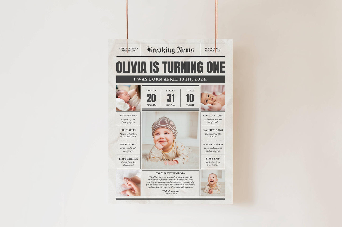 Personalized First Birthday Newspaper Sign – Custom Baby Milestone Foam Board Poster for Girl or Boy, 1st Birthday Party Decor