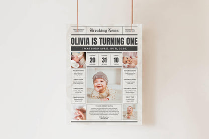 Personalized First Birthday Newspaper Sign – Custom Baby Milestone Foam Board Poster for Girl or Boy, 1st Birthday Party Decor