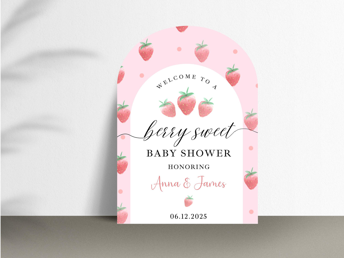 Printed Arch Berry Sweet Baby Shower Welcome Sign with Strawberries, Custom Name Foam Board, Pink Summer Party Decor Sign, Berry Sweet Decor